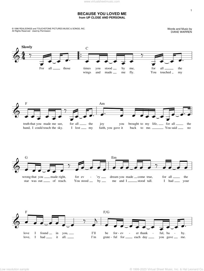 Because You Loved Me sheet music for voice and other instruments (fake book) by Celine Dion and Diane Warren, wedding score, intermediate skill level