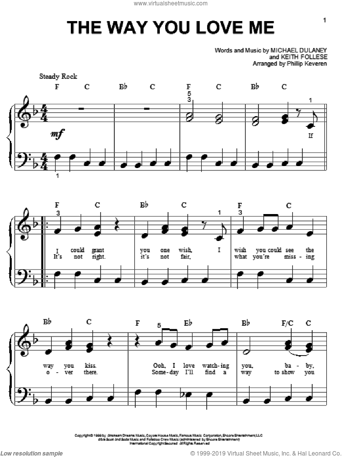 The Way You Love Me (arr. Phillip Keveren) sheet music for piano solo (big note book) by Faith Hill, Phillip Keveren, Keith Follese and Michael Dulaney, wedding score, easy piano (big note book)