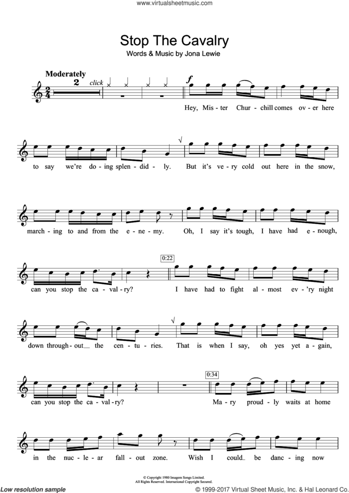 Stop The Cavalry sheet music for flute solo by Jona Lewie, intermediate skill level