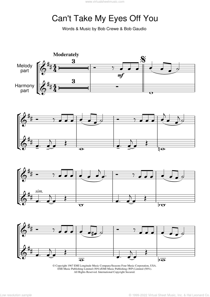 Can't Take My Eyes Off Of You sheet music for clarinet solo by Andy Williams, Frankie Valli, Frankie Valli & The Four Seasons, Muse, The Four Seasons, Bob Crewe and Bob Gaudio, wedding score, intermediate skill level