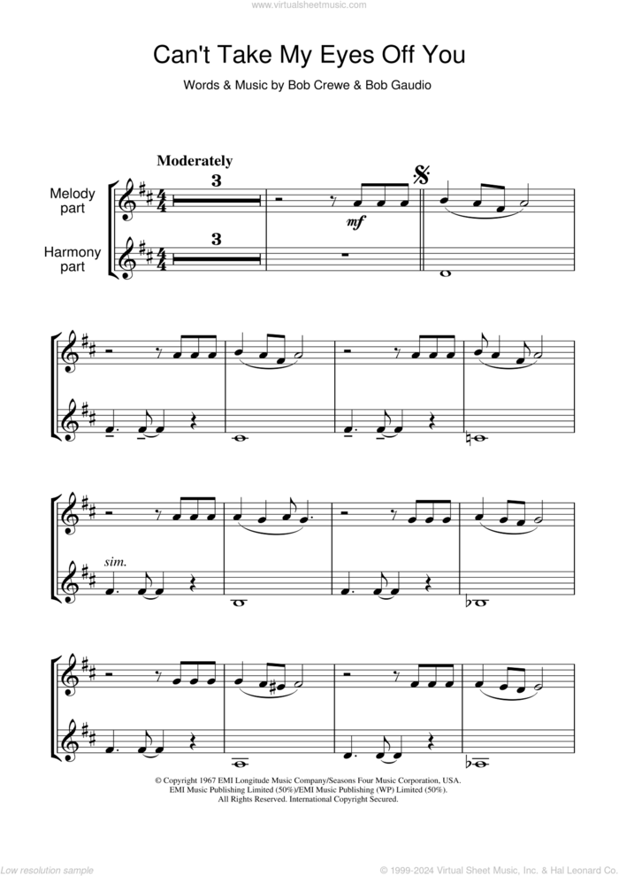 Can't Take My Eyes Off Of You sheet music for clarinet solo by Andy Williams, Frankie Valli, Frankie Valli & The Four Seasons, Muse, The Four Seasons, Bob Crewe and Bob Gaudio, wedding score, intermediate skill level