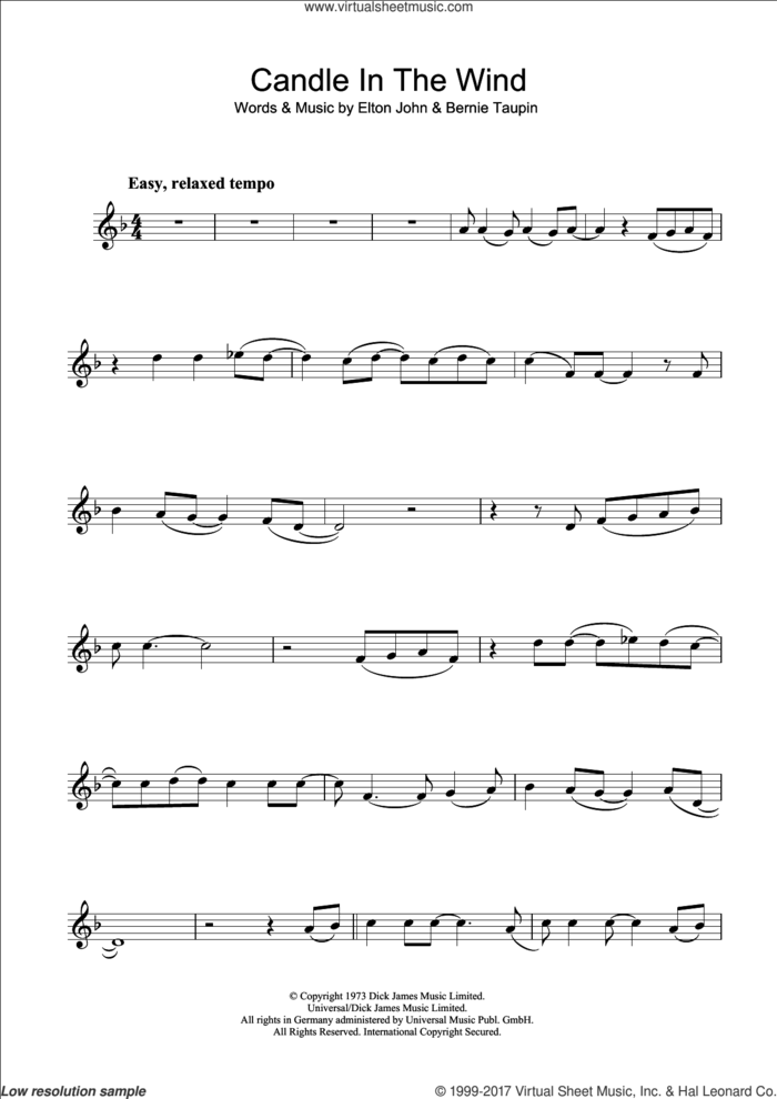 Candle In The Wind sheet music for clarinet solo by Elton John and Bernie Taupin, intermediate skill level