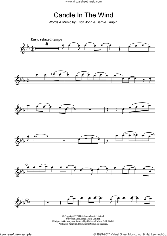 Candle In The Wind sheet music for flute solo by Elton John and Bernie Taupin, intermediate skill level