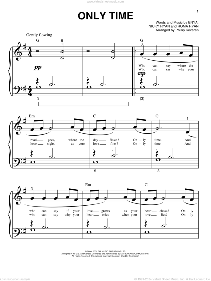 Only Time (arr. Phillip Keveren) sheet music for piano solo (big note book) by Enya, Phillip Keveren, Nicky Ryan and Roma Ryan, easy piano (big note book)