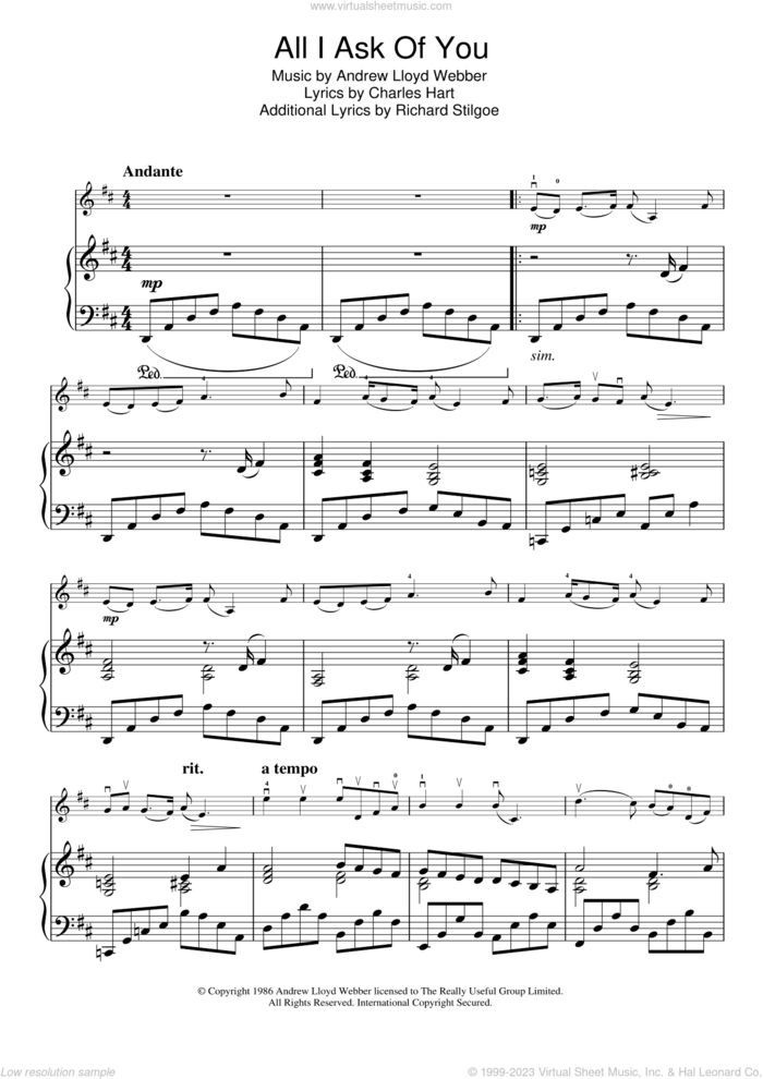 All I Ask Of You (from The Phantom Of The Opera) sheet music for violin solo by Andrew Lloyd Webber, Charles Hart and Richard Stilgoe, intermediate skill level