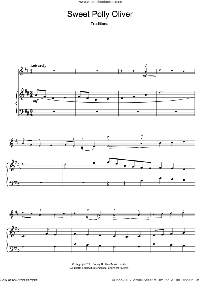 Sweet Polly Oliver sheet music for violin solo, intermediate skill level