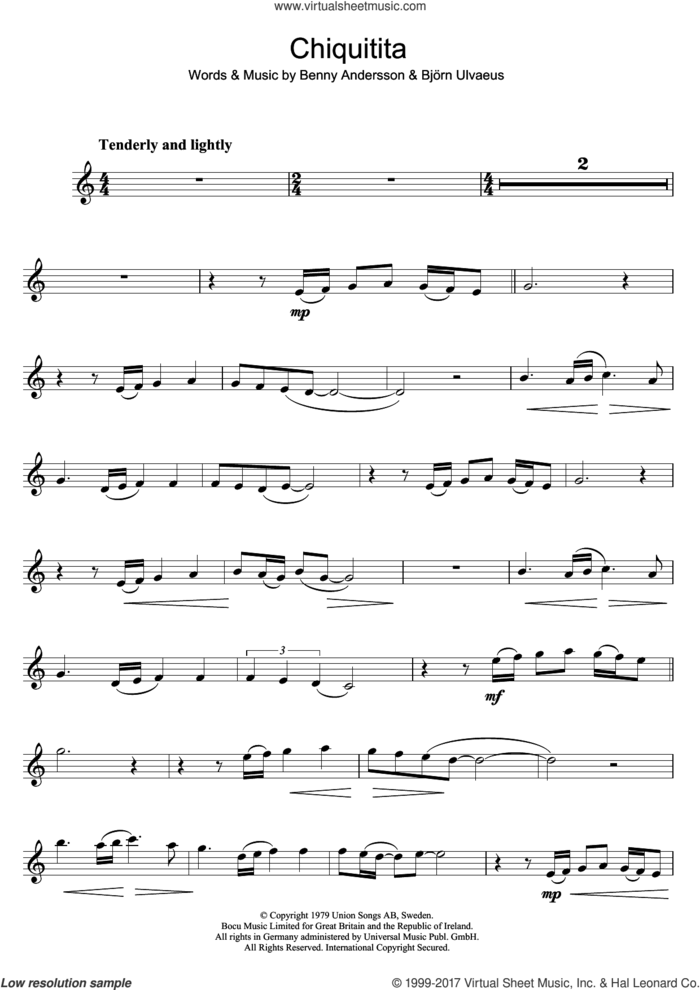 Chiquitita sheet music for clarinet solo by ABBA, Benny Andersson and Bjorn Ulvaeus, intermediate skill level