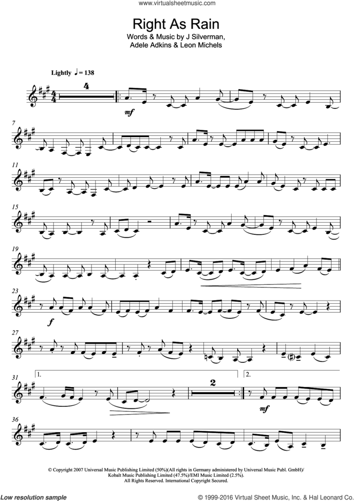 Right As Rain sheet music for clarinet solo by Adele, J Silverman and Leon Michels, intermediate skill level