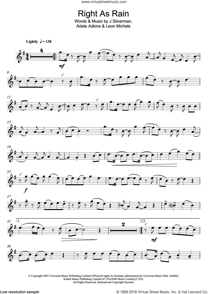 Right As Rain sheet music for flute solo by Adele, J Silverman and Leon Michels, intermediate skill level
