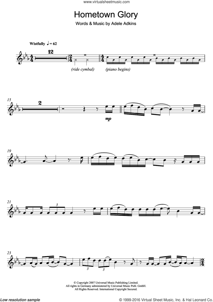 Hometown Glory sheet music for clarinet solo by Adele, intermediate skill level