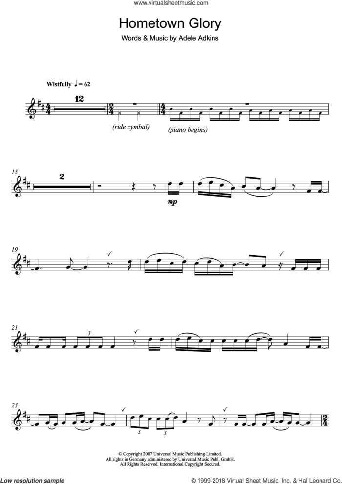 Hometown Glory sheet music for flute solo by Adele, intermediate skill level
