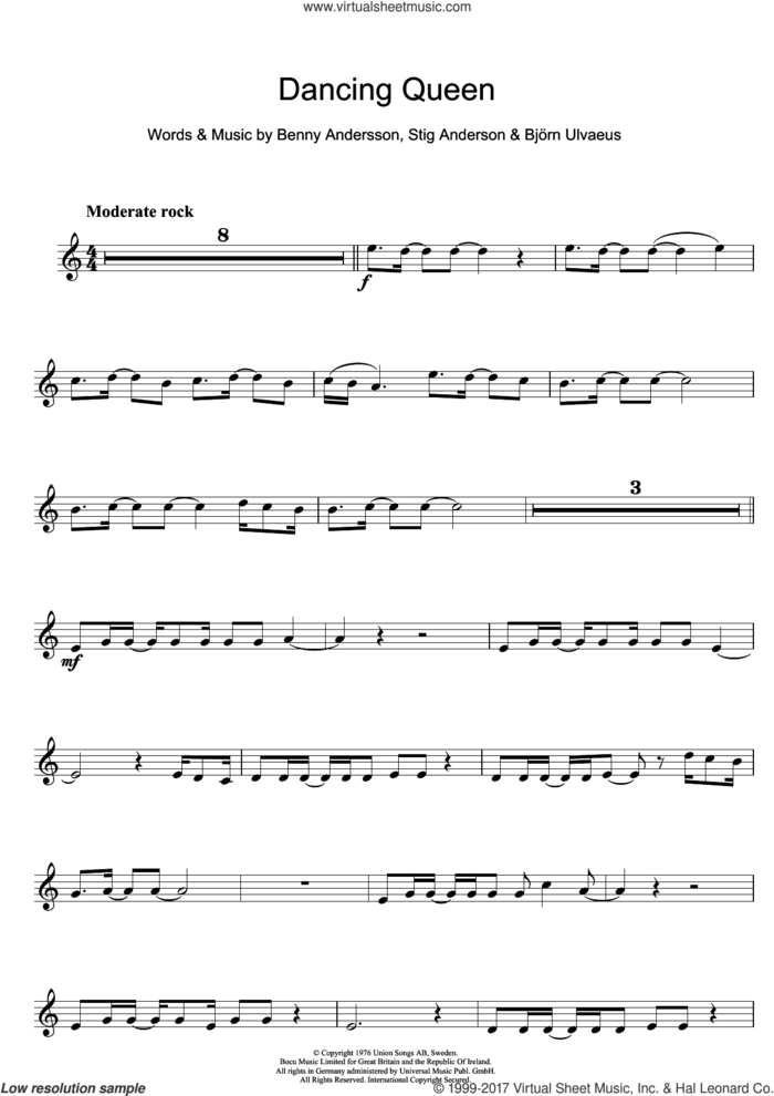 Dancing Queen sheet music for clarinet solo by ABBA, Benny Andersson, Bjorn Ulvaeus and Stig Anderson, intermediate skill level