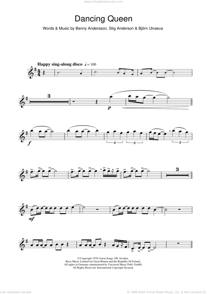 Dancing Queen sheet music for flute solo by ABBA, Benny Andersson, Bjorn Ulvaeus and Stig Anderson, intermediate skill level