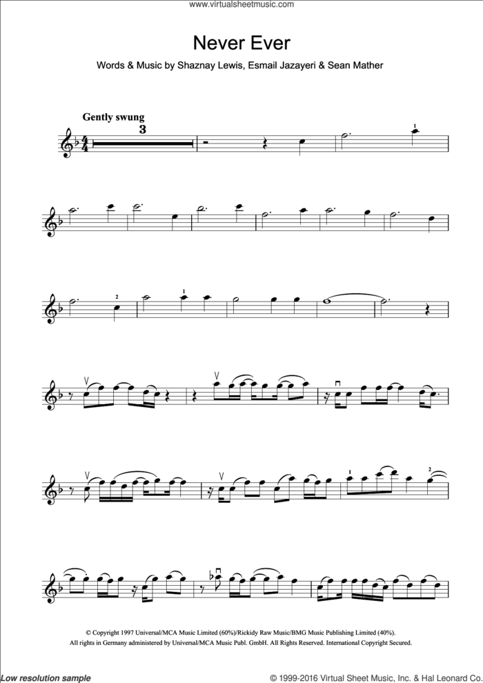 Never Ever sheet music for violin solo by All Saints, intermediate skill level