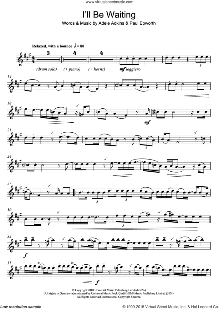 I'll Be Waiting sheet music for flute solo by Adele and Paul Epworth, intermediate skill level