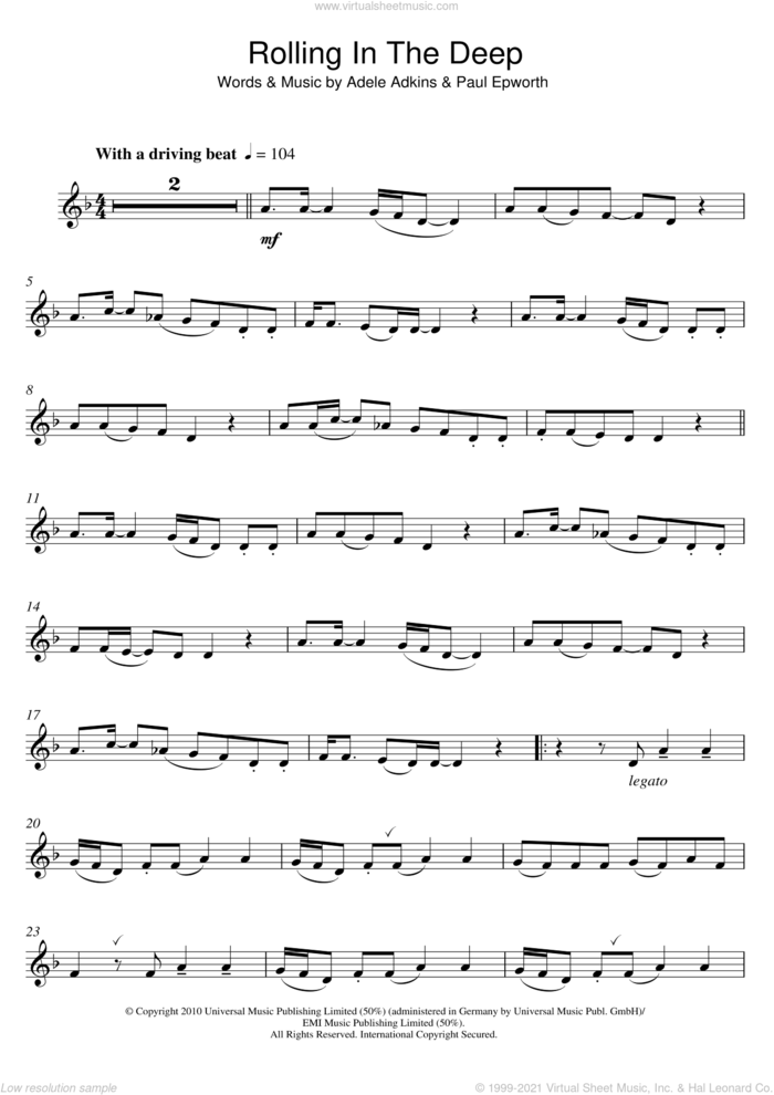 Rolling In The Deep sheet music for clarinet solo by Adele and Paul Epworth, intermediate skill level