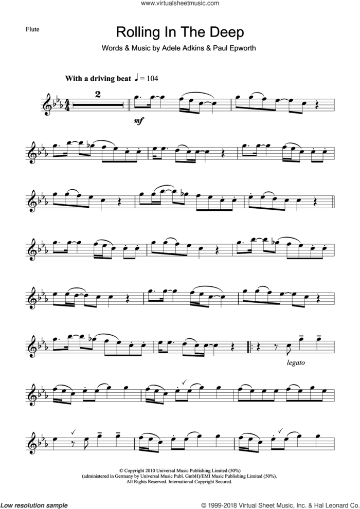 Rolling In The Deep sheet music for flute solo by Adele and Paul Epworth, intermediate skill level