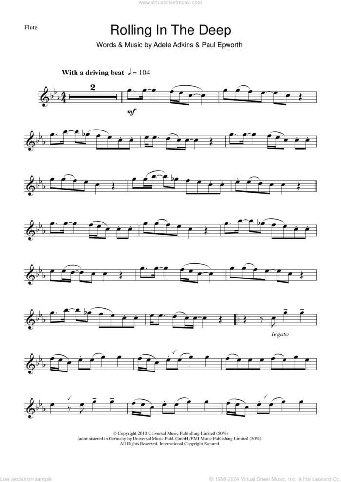 Rolling In The Deep sheet music for flute solo by Adele and Paul Epworth, intermediate skill level