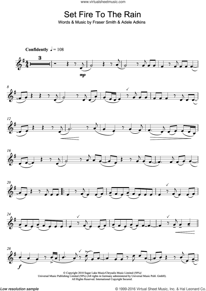 Set Fire To The Rain sheet music for clarinet solo by Adele and Fraser T. Smith, intermediate skill level