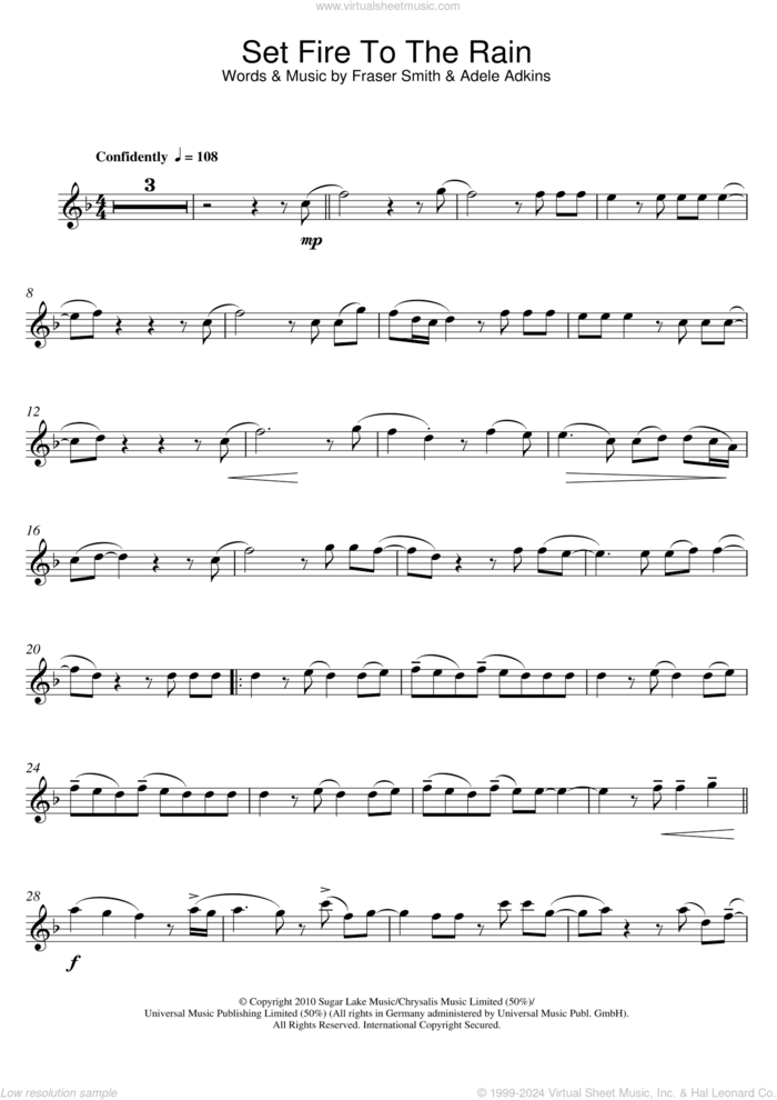 Set Fire To The Rain sheet music for flute solo by Adele and Fraser T. Smith, intermediate skill level