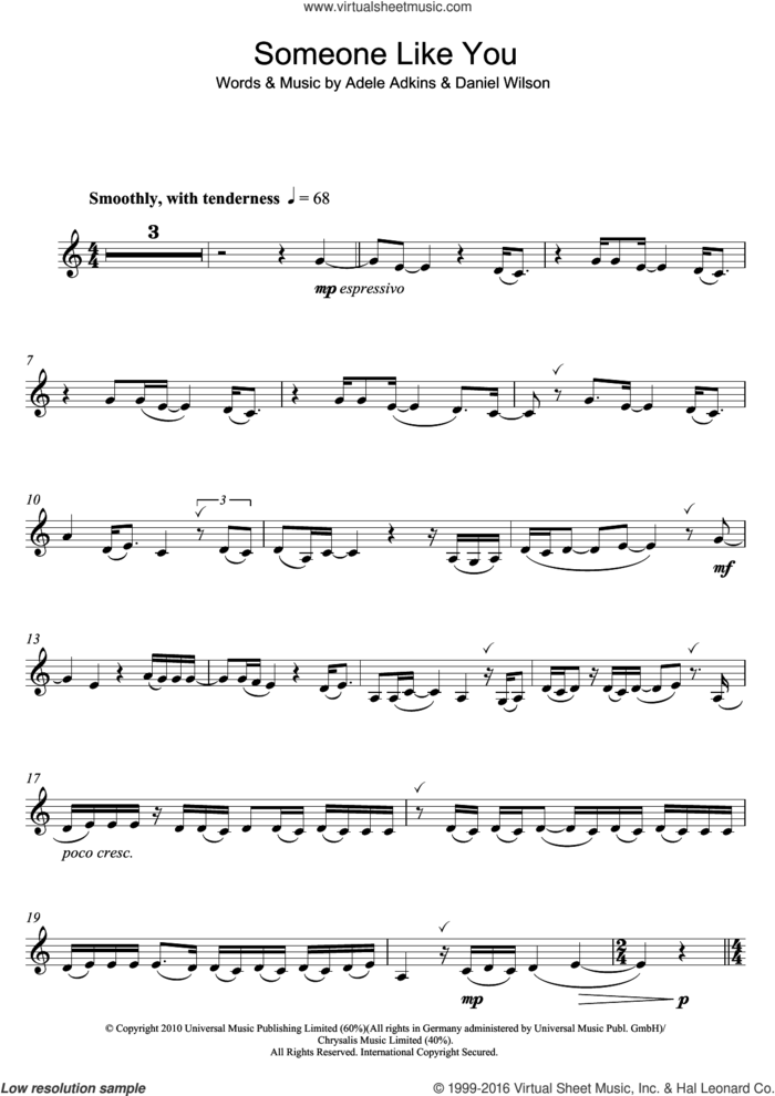 Someone Like You sheet music for clarinet solo by Adele and Dan Wilson, intermediate skill level