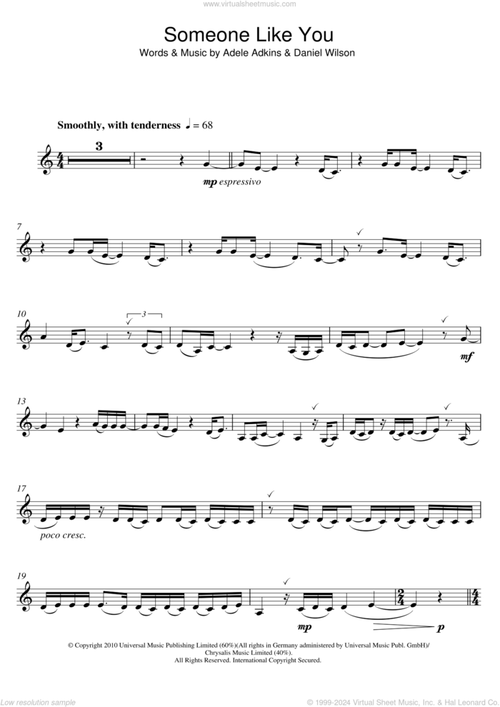 Someone Like You sheet music for clarinet solo by Adele and Dan Wilson, intermediate skill level