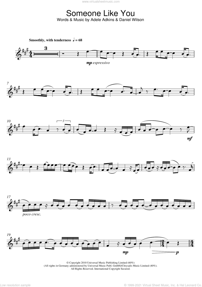 Someone Like You sheet music for flute solo by Adele and Dan Wilson, intermediate skill level