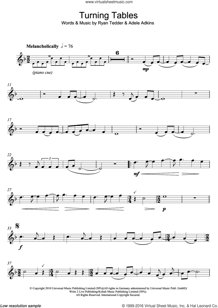 Turning Tables sheet music for clarinet solo by Adele and Ryan Tedder, intermediate skill level