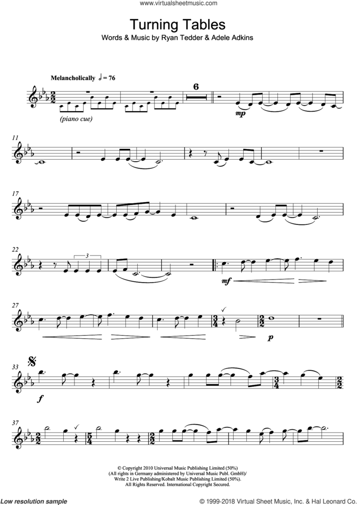 Turning Tables sheet music for flute solo by Adele and Ryan Tedder, intermediate skill level