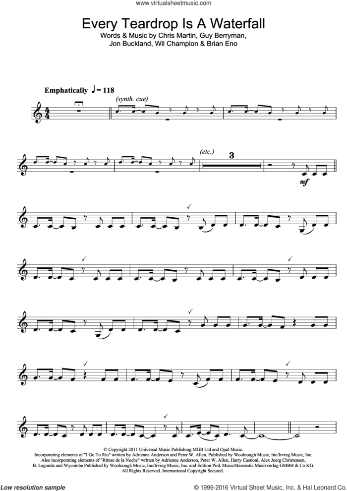 Every Teardrop Is A Waterfall sheet music for clarinet solo by Coldplay, Adrienne Anderson, Brian Eno, Chris Martin, Guy Berryman, Jonny Buckland, Peter Allen and Will Champion, intermediate skill level
