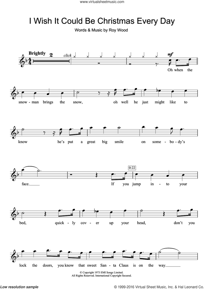 I Wish It Could Be Christmas Every Day sheet music for flute solo by Wizzard and Roy Wood, intermediate skill level