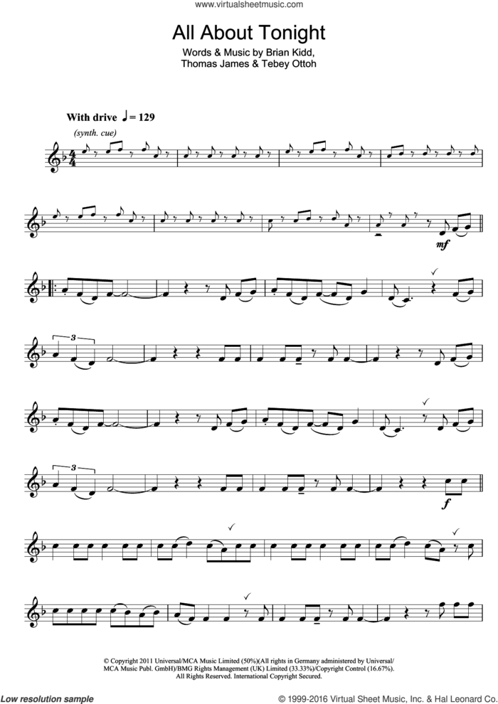 All About Tonight sheet music for clarinet solo by Pixie Lott, Brian Kidd, Tebey Ottoh and Thomas James, intermediate skill level