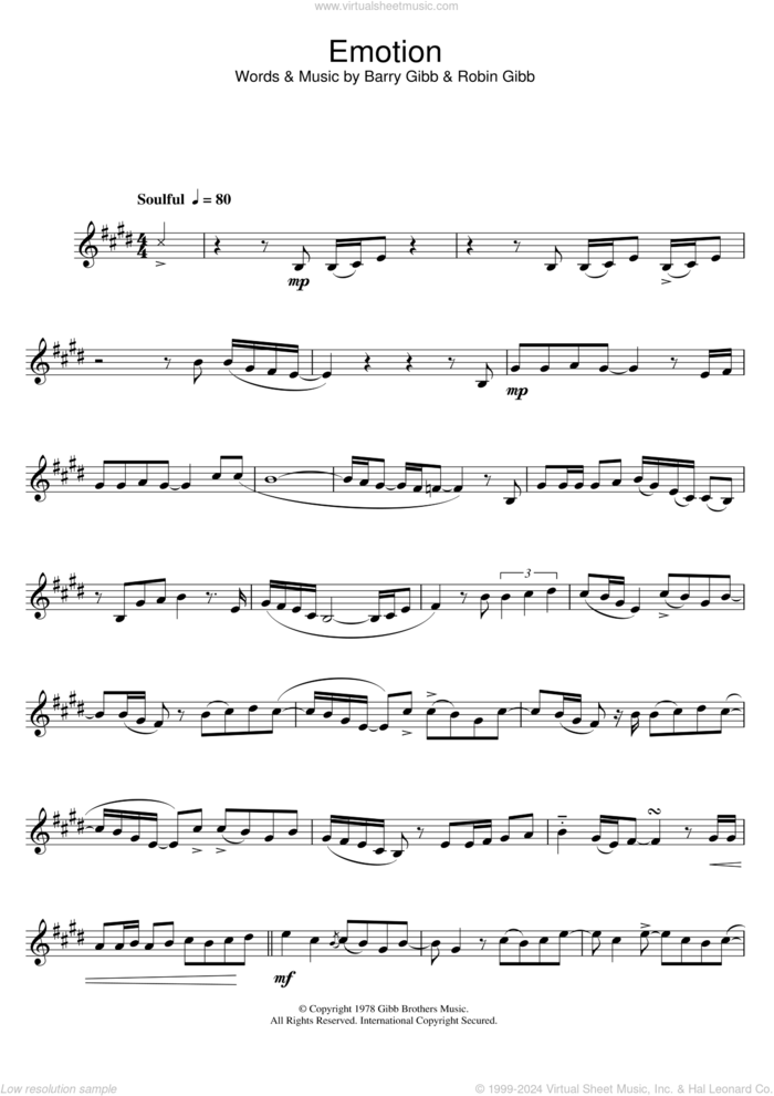 Emotion sheet music for clarinet solo by Destiny's Child, Barry Gibb and Robin Gibb, intermediate skill level