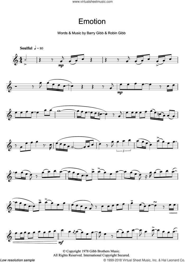 Emotion sheet music for flute solo by Destiny's Child, Barry Gibb and Robin Gibb, intermediate skill level