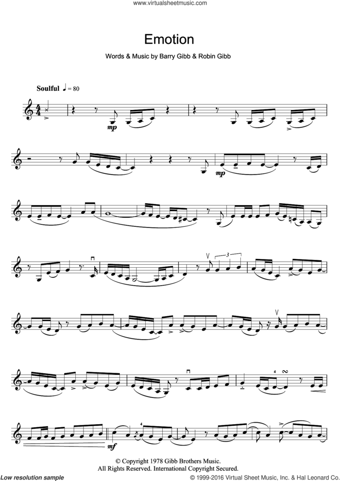 Emotion sheet music for violin solo by Destiny's Child, Barry Gibb and Robin Gibb, intermediate skill level
