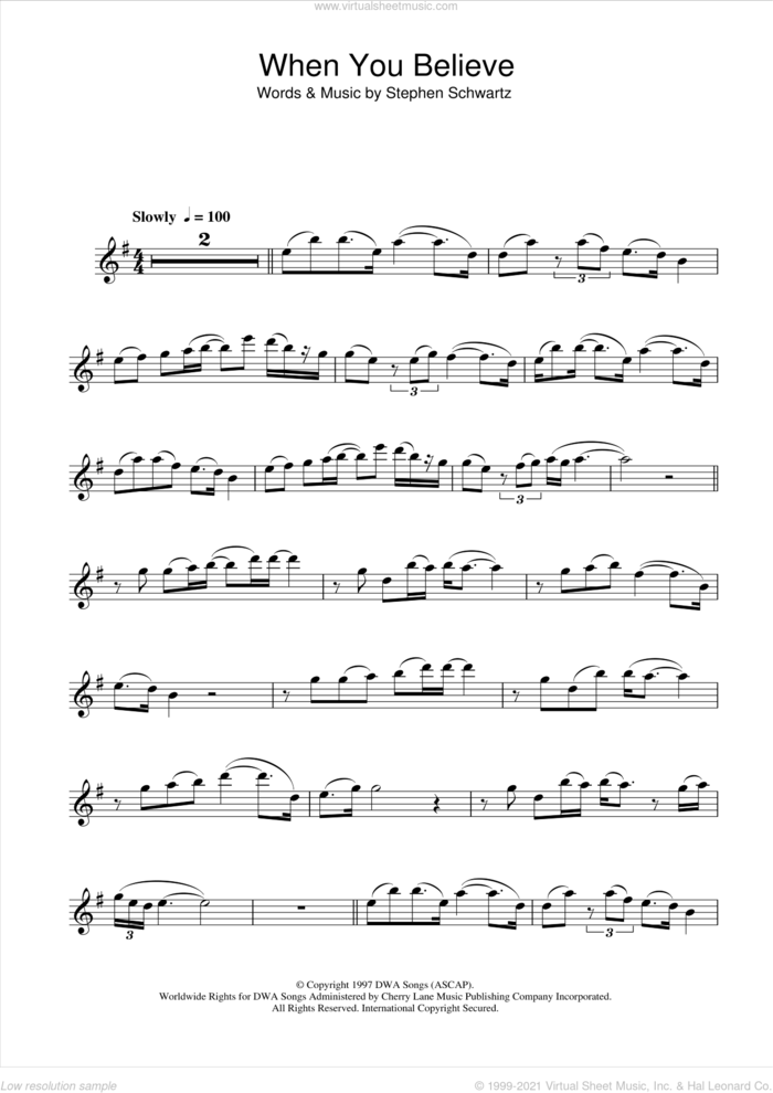 When You Believe (from The Prince Of Egypt) sheet music for clarinet solo by Stephen Schwartz, intermediate skill level