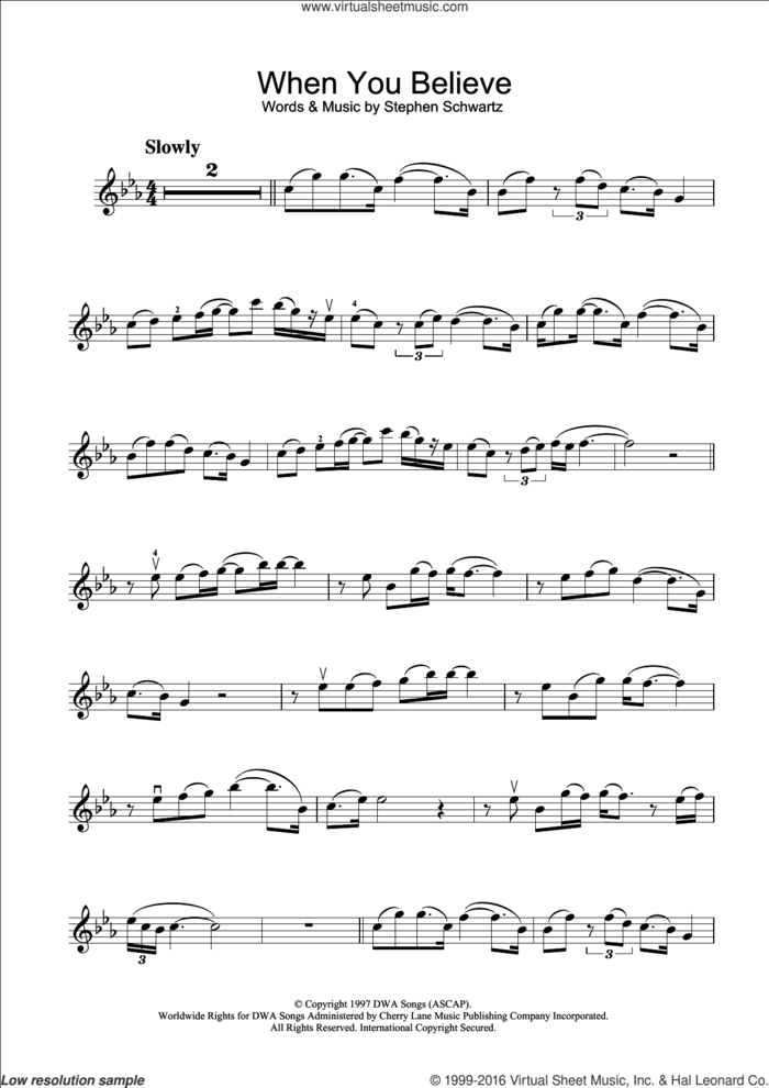 When You Believe (from The Prince Of Egypt) sheet music for violin solo by Stephen Schwartz, intermediate skill level