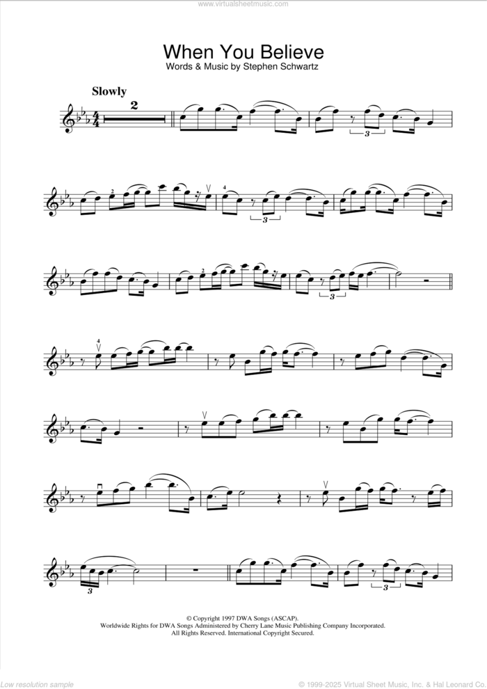 When You Believe (from The Prince Of Egypt) sheet music for violin solo by Stephen Schwartz, intermediate skill level