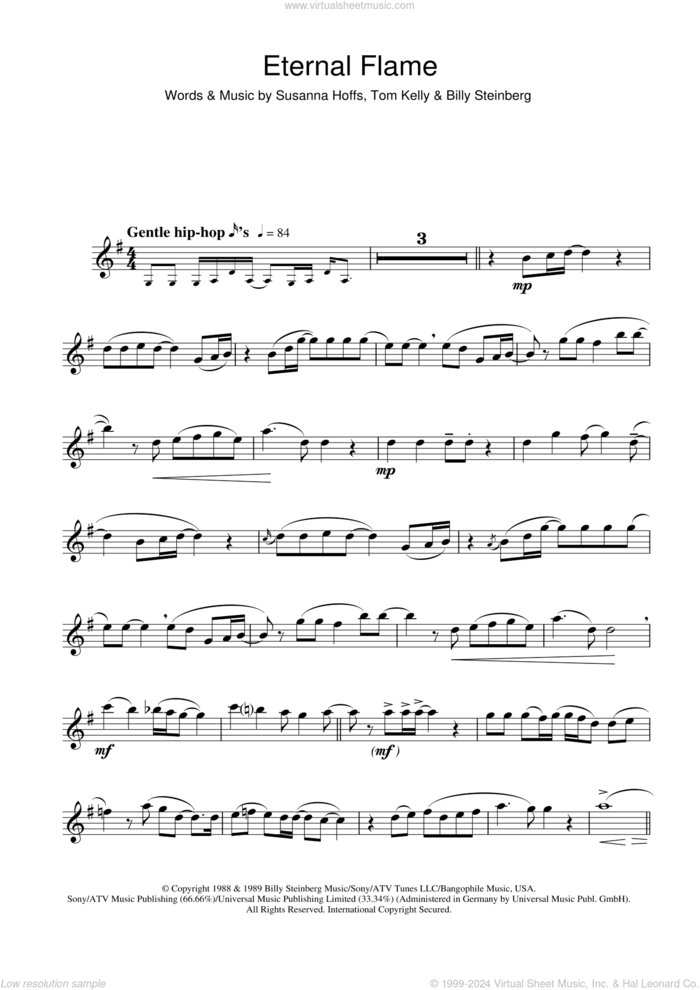 Eternal Flame sheet music for flute solo by The Bangles, Atomic Kitten, Billy Steinberg, Susanna Hoffs and Tom Kelly, intermediate skill level