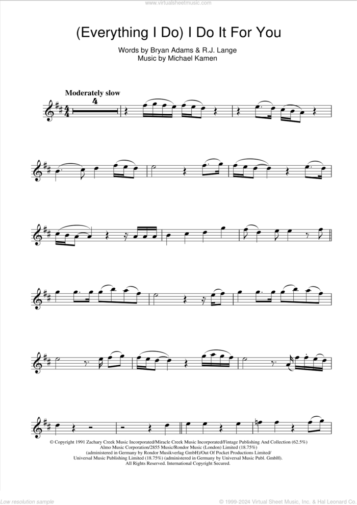 (Everything I Do) I Do It For You sheet music for clarinet solo by Bryan Adams, Michael Kamen and Robert John Lange, intermediate skill level