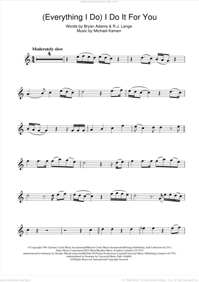 (Everything I Do) I Do It For You sheet music for flute solo by Bryan Adams, Michael Kamen and Robert John Lange, intermediate skill level