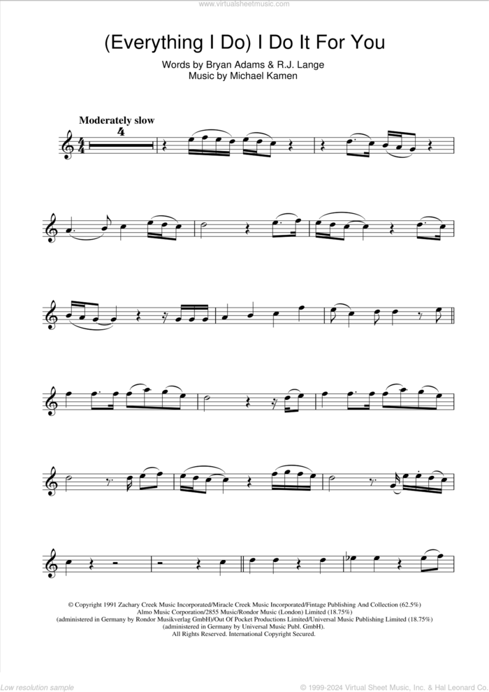 (Everything I Do) I Do It For You sheet music for flute solo by Bryan Adams, Michael Kamen and Robert John Lange, intermediate skill level