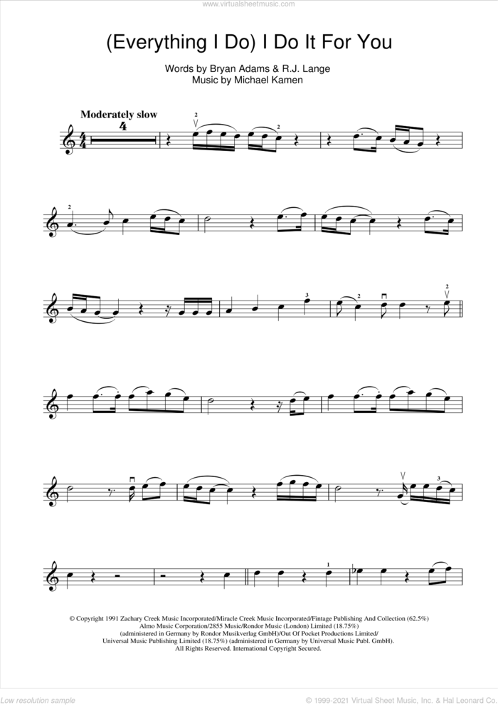 (Everything I Do) I Do It For You sheet music for violin solo by Bryan Adams, Michael Kamen and Robert John Lange, intermediate skill level