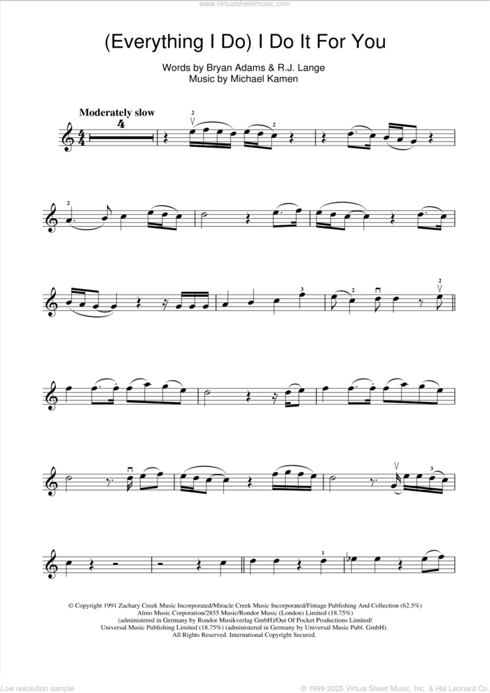 (Everything I Do) I Do It For You sheet music for violin solo by Bryan Adams, Michael Kamen and Robert John Lange, intermediate skill level