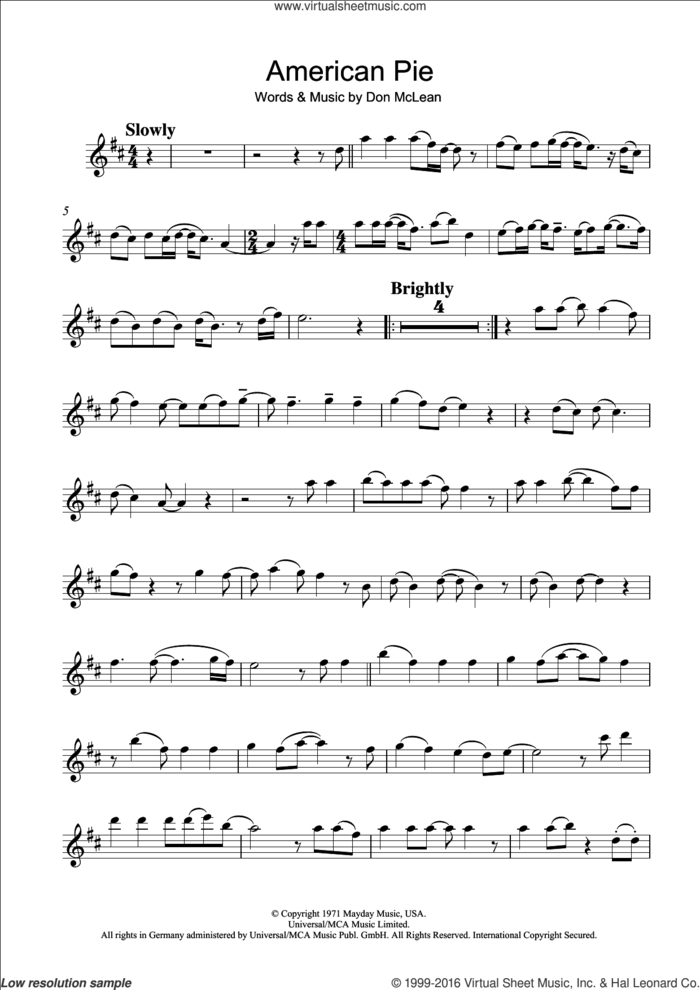 American Pie sheet music for clarinet solo by Don McLean and Madonna, intermediate skill level