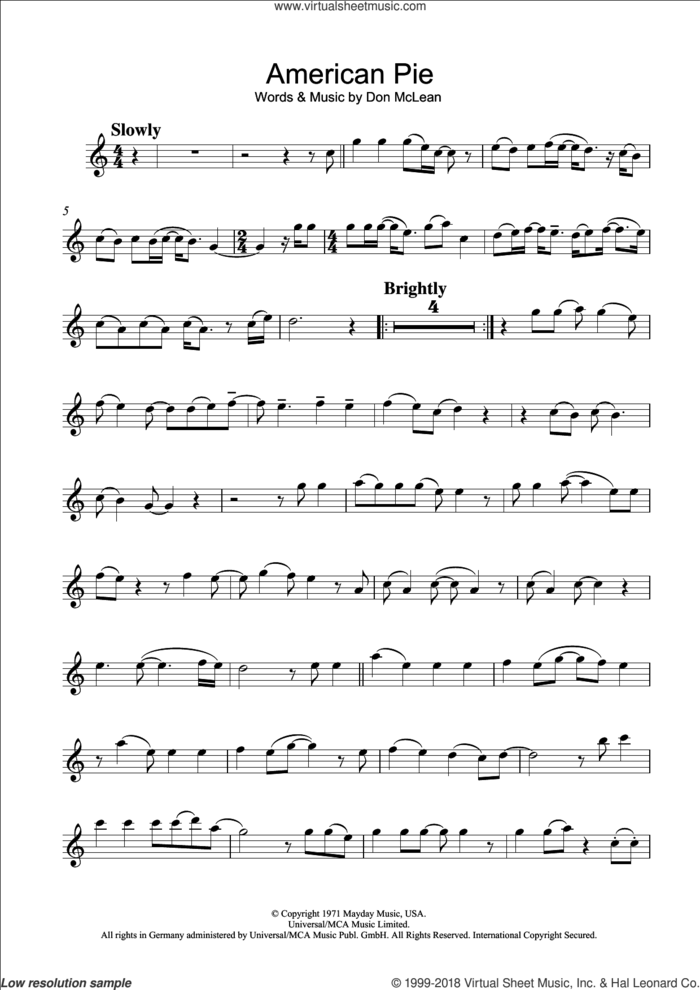 American Pie sheet music for flute solo by Don McLean and Madonna, intermediate skill level