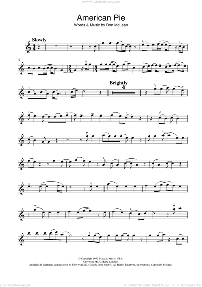 American Pie sheet music for violin solo by Don McLean and Madonna, intermediate skill level