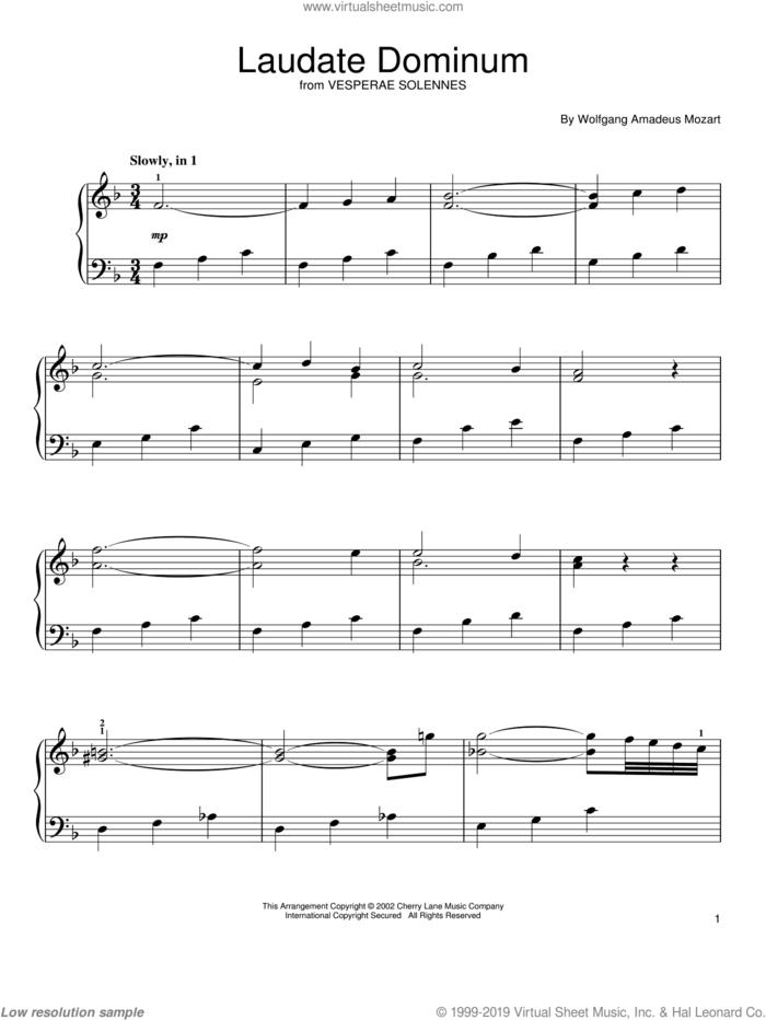 Laudate Dominum, (easy) sheet music for piano solo by Wolfgang Amadeus Mozart, classical score, easy skill level