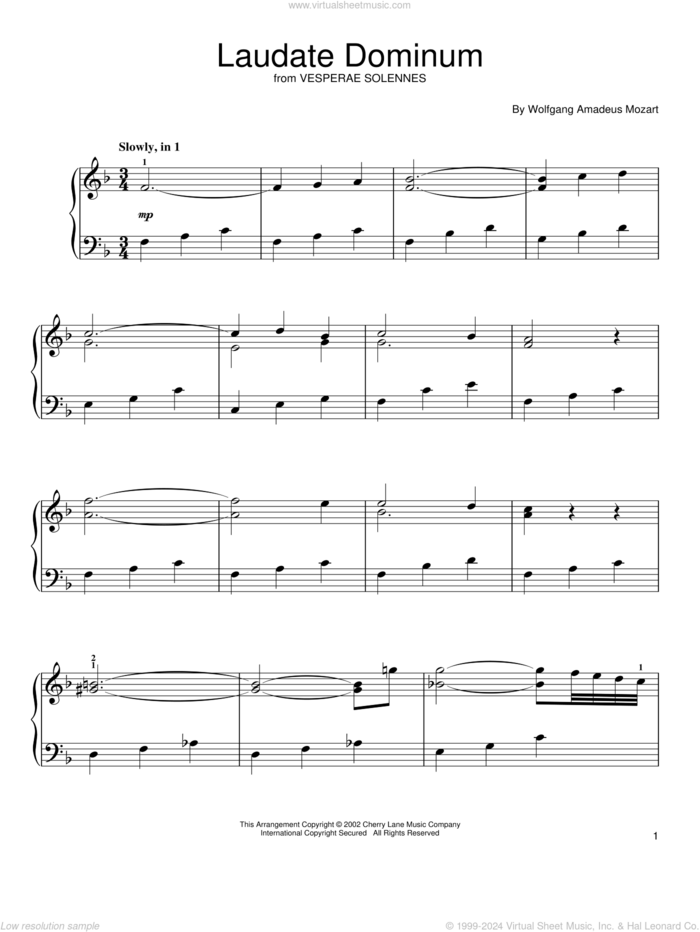 Laudate Dominum, (easy) sheet music for piano solo by Wolfgang Amadeus Mozart, classical wedding score, easy skill level