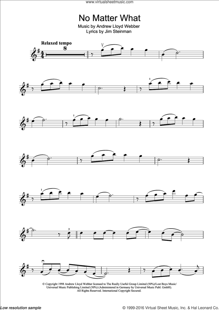 No Matter What (from Whistle Down The Wind) sheet music for violin solo by Boyzone, intermediate skill level